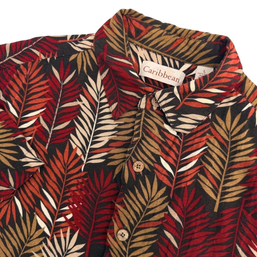 Caribbean Shirt Mens L Multicolor Leaf Print Rayon Short Sleeve Earthy Casual